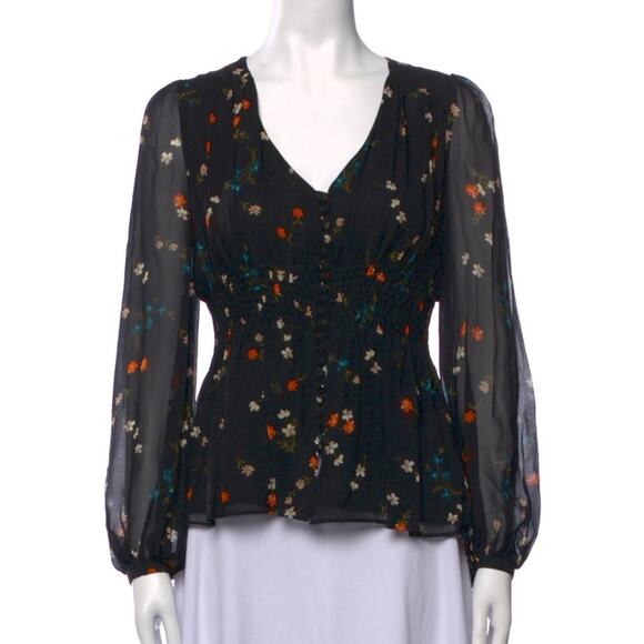 Nicholas black floral peplum silk long sleeve blouse - Picture 1 of 11